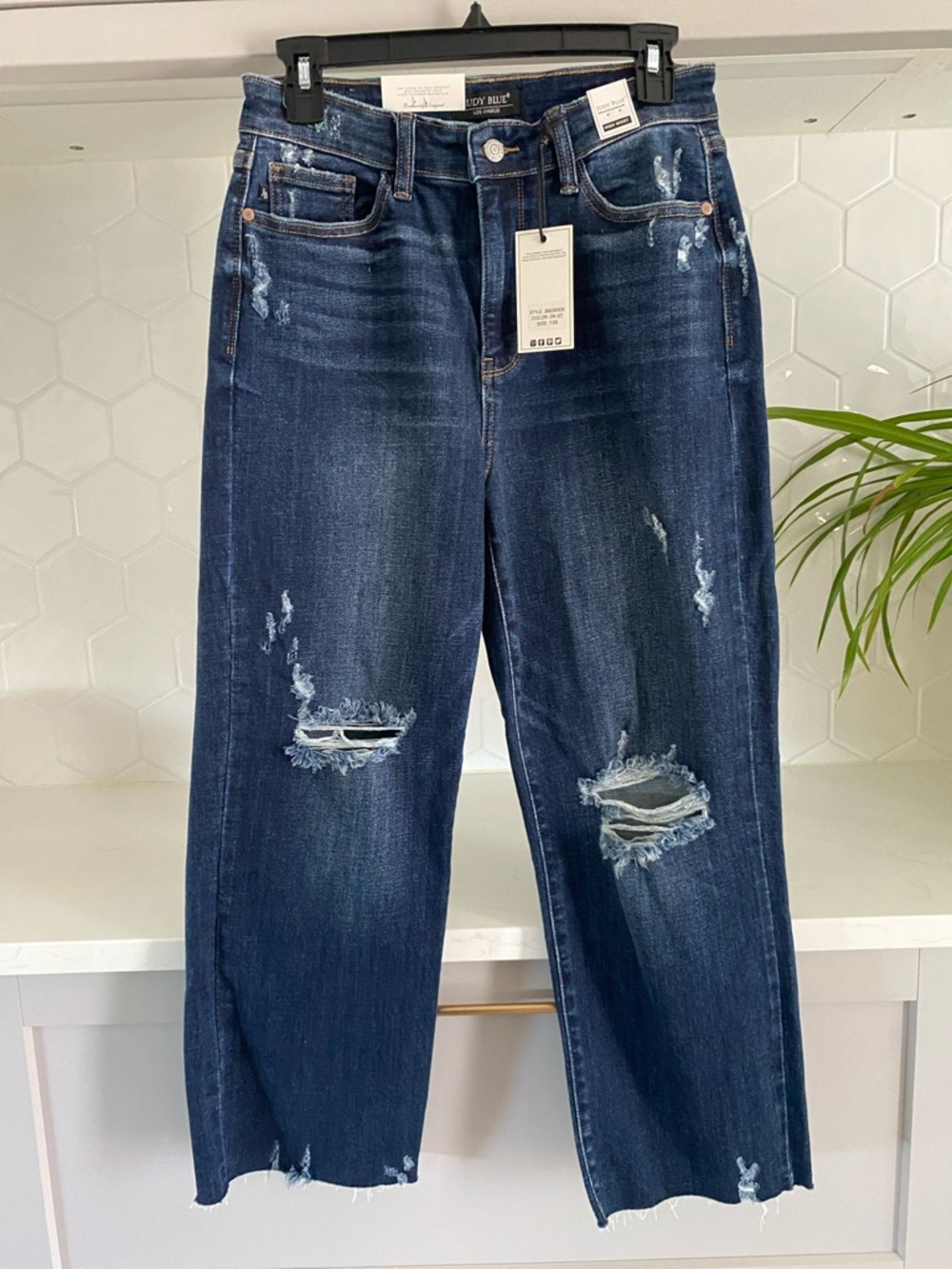 New Judy Blue Dark Blue Distressed Wide-Leg Cropped Jeans